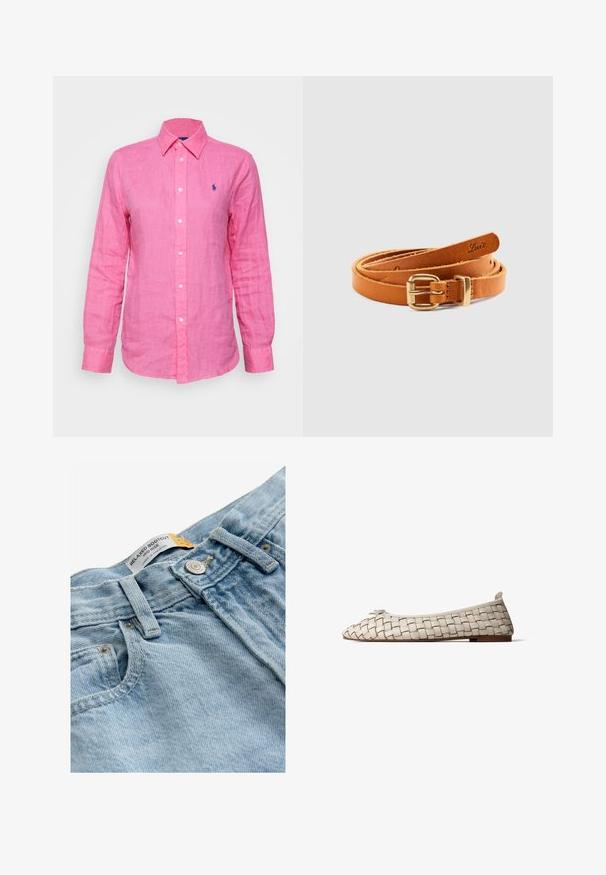 Langærmet, krave skjorte i lys pink linned, med et lille blåt logo på venstre bryst og hvide knapper ned foran.; Next Jeans Bootcut - bleach; Beige vævet læderballetflat med rundet tå, lille sløjfedetalje foran og flad brun sål.; Tanfarvet læderbælte med slankt design, spænde af guldfarvet metal og præget logo; glat tekstur og pæne kanter.