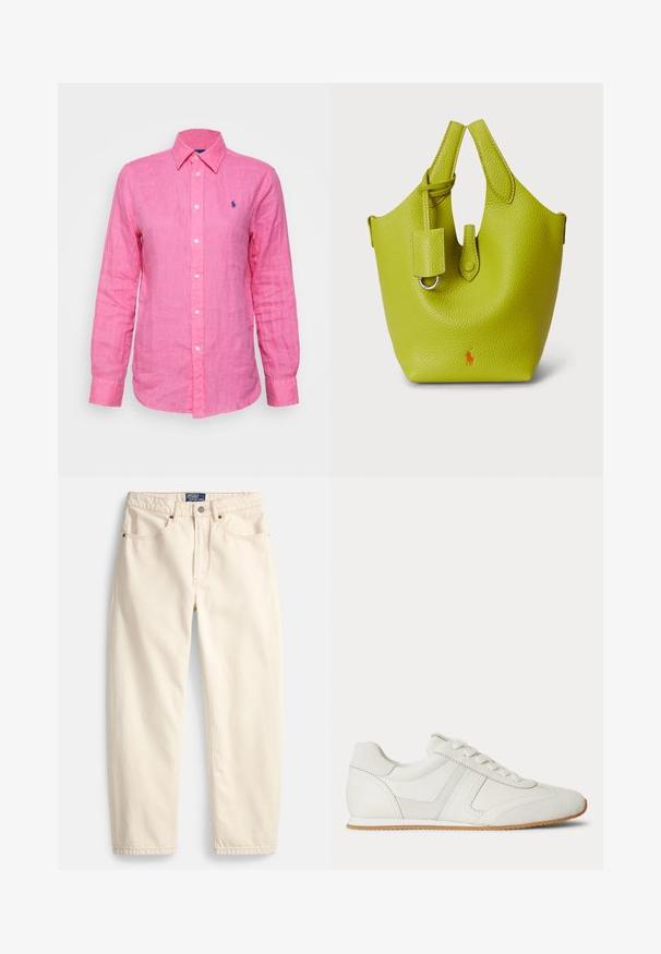 Langærmet, krave skjorte i lys pink linned, med et lille blåt logo på venstre bryst og hvide knapper ned foran.; Jeans i cremefarve lavet af denim med lige ben, forlommer og detaljer med overlock-syning. Lukning med metalknap og lynlås.; Hvid lavtop sneaker med snørelukning foran, ruskind- og læderpaneler og en lysebrun gummisål på en hvid baggrund.; Lysegrøn læderspandtaske med tekstureret overflade, rullede håndtag og aftagelig pung. Har en lille rød logo på forsiden.