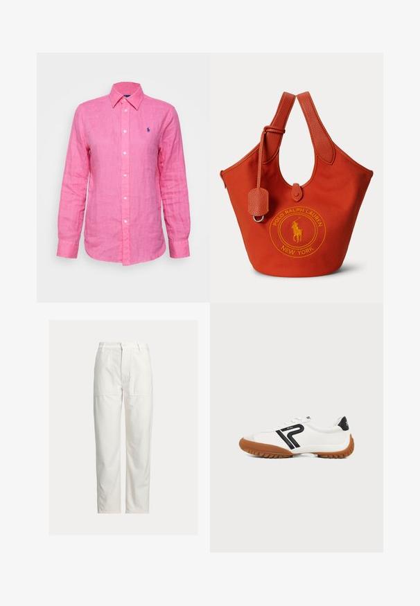 Camisa de manga larga y cuello en lino de color rosa brillante, con un pequeño logo azul en el lado izquierdo del pecho y botones blancos en el frente.; Pantalones blancos de pierna recta con grandes bolsillos parche delanteros, trabillas para cinturón y cierre con botón en la cintura.; Zapatilla blanca con suela de goma marrón, logo negro "P" en el lateral y lengüeta negra en el talón con texto blanco sobre fondo liso.; Bolsa de tela roja con asas de cuero y el logo de Polo Ralph Lauren New York bordado en amarillo en la parte delantera.