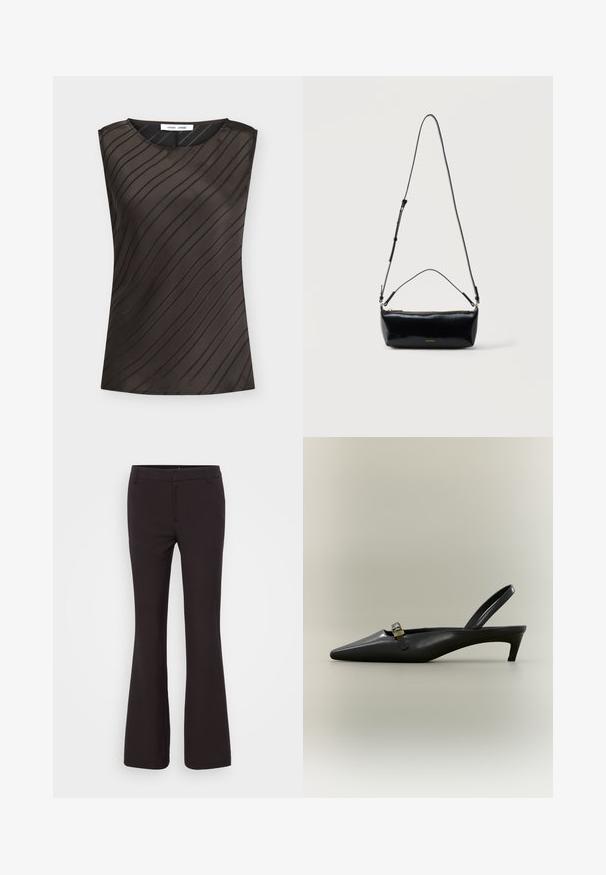 Haut sans manches marron foncé avec des rayures noires diagonales, col rond et étiquette de la marque à l'intérieur du col.; Gina Tricot Tall RELAXED TROUSERS - Pantalon classique - brown; Escarpin slingback en cuir noir avec talon kitten, bout pointu et petite boucle dorée sur un fond uni.; Sac bandoulière rectangulaire en cuir noir avec bandoulière ajustable, fermeture éclair sur le dessus et petit logo Calvin Klein doré sur le devant.