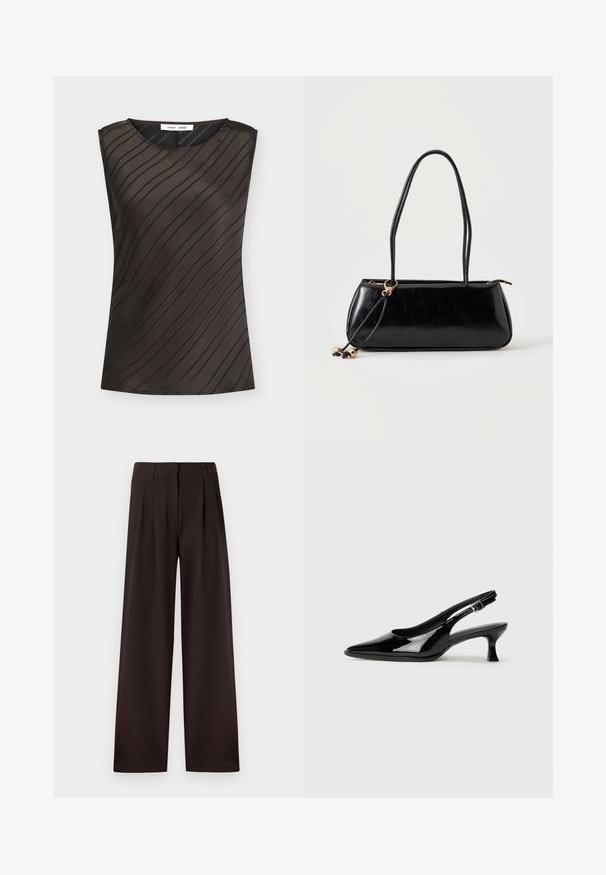 Haut sans manches marron foncé avec des rayures noires diagonales, col rond et étiquette de la marque à l'intérieur du col.; Pantalon marron foncé à jambes larges avec plis et passants pour ceinture, doté d'une fermeture éclair avant et d'un ourlet net sur un fond uni.; Escarpins en cuir verni noir avec un bout pointu et un petit talon carré. Sangle réglable à la cheville avec boucle.; Sac à main rectangulaire noir avec deux longues bandoulières, détail anneau doré et fermeture éclair sur un fond clair uni.