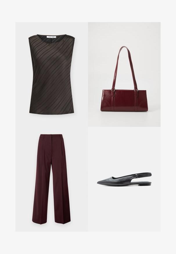 Haut sans manches marron foncé avec des rayures noires diagonales, col rond et étiquette de la marque à l'intérieur du col.; Pantalon à jambes larges de couleur bordeaux foncé avec une texture de tissu lisse. Caractéristiques : taille ajustée, plis avant, sans éléments métalliques visibles.; Chaussure plate en cuir noir à bout pointu, bride arrière avec talon bas et bride ajustable sur fond clair.; Sac à main bordeaux en matériau brillant, de forme rectangulaire, avec deux anses et des accents légèrement courbés à l'avant.