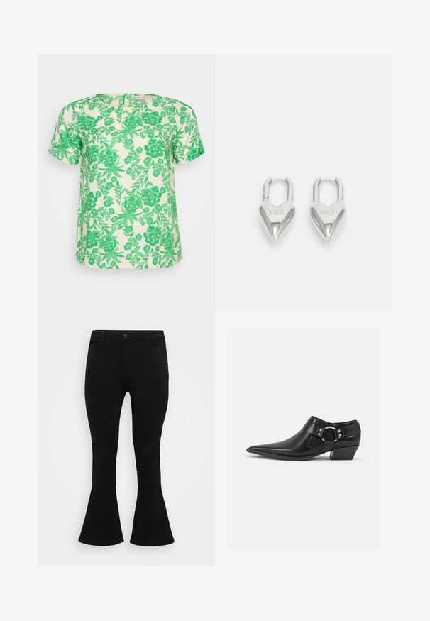 Top de manga corta en tejido crema claro con un vibrante patrón de flores y hojas en verde, que presenta un escote redondo y un corte relajado.; Jeans negros acampanados con cintura ajustada, diseño estándar de cinco bolsillos y una textura de denim suave con un ligero estiramiento.; Botas de cuero negras hasta el tobillo con puntera puntiaguda, que presentan una correa de cuero en la parte delantera y un detalle de hebilla plateada, además de un tacón bajo y cuadrado.; Candados en forma de corazón de plata con inscripciones grabadas de "SÍ" y "NO", acabado pulido, diseño simétrico y un robusto cierre de metal.