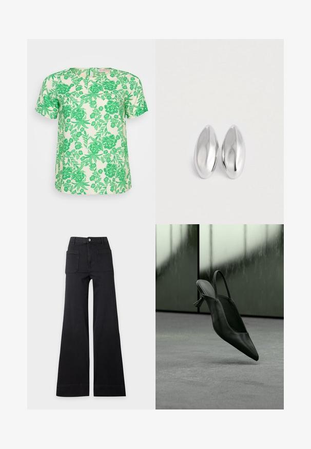 Top de manga corta en tejido crema claro con un vibrante patrón de flores y hojas en verde, que presenta un escote redondo y un corte relajado.; Pantalones negros de talle alto, pierna ancha, con bolsillos frontales aplicados y cierre de botones, extendidos sobre un fondo claro y liso.; Zapato de tacón alto con punta puntiaguda y talón destalonado de cuero negro flotando sobre un suelo alfombrado gris, fondo de pared verdosa borrosa.; Par de objetos ovalados de plata, lisos y brillantes, colocados uno al lado del otro sobre un fondo blanco puro.