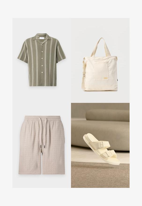 Korte mouwen, olijfgroen shirt met verticale witte strepen en een knoopsluiting aan de voorkant. Gemaakt van gestructureerde stof, met een kraag.; Beige, geweven shorts met een elastische tailleband en trekkoord. Heeft een subtiel ruitpatroon en een losse pasvorm. Geen zichtbare zakken.; Gebroken witte slippers met twee verstelbare gespsluitingen, zwevend boven een beige tapijt en bank in een minimalistische binnenruimte.; Crèmekleurige canvas boodschappentas met voorvak, twee handvatten, verstelbare schouderriem en kleine gele "O.N.S" tekst rechtsonder op het vak.
