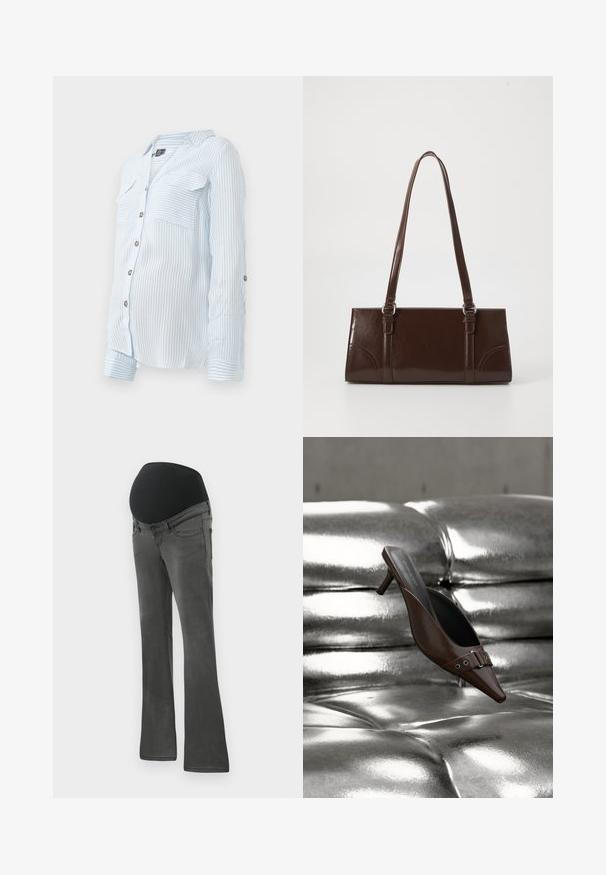 Lysblå stribet skjorte med knapper og lange ærmer, to brystlommer og oprullede ærmer, der er sikret med knapper. Blødt, letvægts stof.; Graviditetsbukser i mørkegrå denim med en bred elastisk sort talje, lige benform og subtle udblegning på stoffet.; Brun spids tå hæl mule med spænde detalje svævende over en skinnende sølv tuftet læderoverflade.; Brun lakeret håndtaske med rektangulær form, to lange håndtag og subtile buede detaljer på fronten.