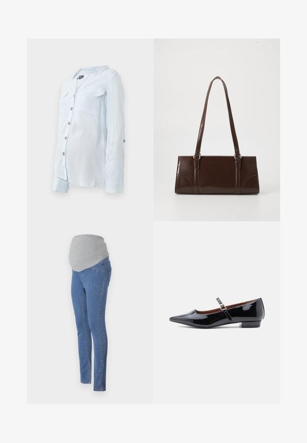 Chemise à rayures bleu clair avec un col boutonné et des manches longues, deux poches poitrine, et des manches retroussées fixées par des boutons. Tissu doux et léger.; Jeans de maternité avec un design ajusté, en denim bleu et une ceinture en jersey gris doux pour plus de confort. Dotés de poches arrière et d'une coupe slim.; Escarpin Mary Jane en cuir verni noir avec bout pointu et petit talon, doté d'une sangle ajustable avec boucle dorée.; Sac à main en cuir verni marron de forme rectangulaire, avec deux longues poignées et des accents courbés subtils à l'avant.