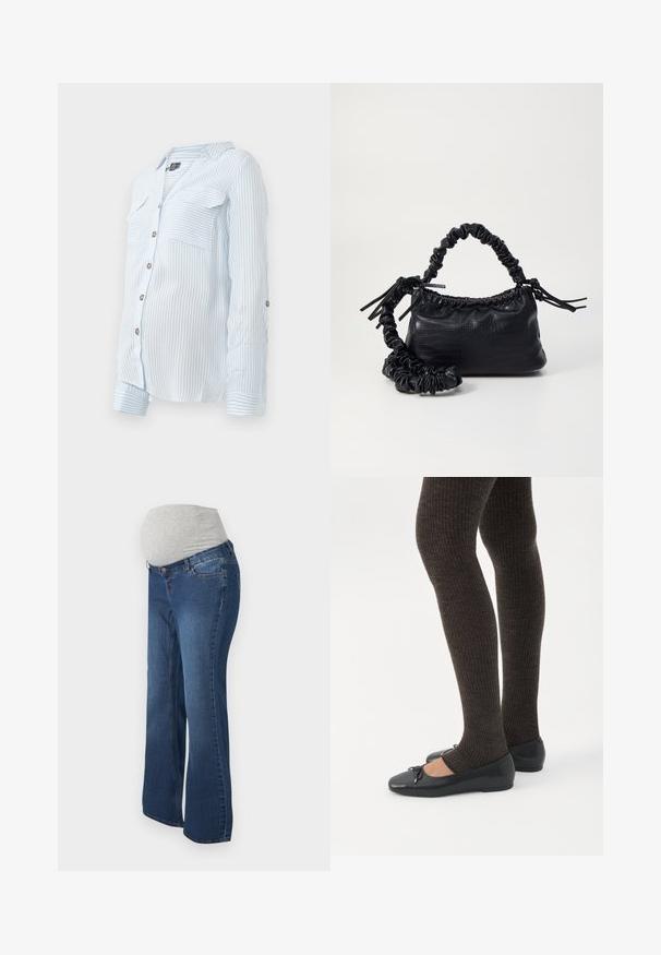 Lichtblauwe gestreepte overhemd met lange mouwen, twee borstzakken en opgerolde mouwen vastgemaakt met knopen. Zacht, lichtgewicht stof.; Culottes voor zwangerschap in donkerblauwe denim met een grijze rekbare tailleband, voorzien van een recht pijpdesign en zijzakken.; Benen met donkere geribbelde leggings gecombineerd met zwarte ballerina's met kleine strikdetails op een witte achtergrond.; Zwarte nepleer handtas met een krokodillenstructuur, opgedroogde bovenkant en een gekreukte hengsel. Het lijkt zacht en compact van ontwerp.