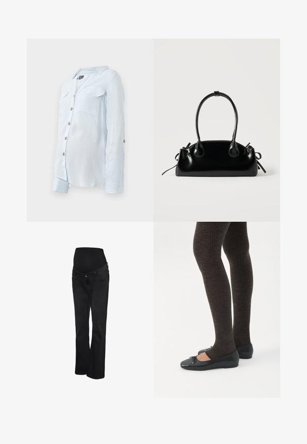 Lysblå stribet skjorte med knapper og lange ærmer, to brystlommer og oprullede ærmer, der er sikret med knapper. Blødt, letvægts stof.; Sorte graviditetsjeans med elastisk høj talje og straight-fit, designet til komfort og støtte under graviditeten.; Ben iført mørke ribbede leggings kombineret med sorte balletsko med små sløjfedetaljer på hvid baggrund.; Lille sort blank håndtaske med to lange håndtag og snøre-detaljer i siden på en ensfarvet lys baggrund.