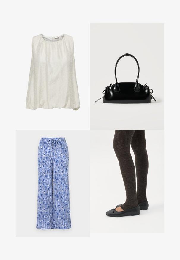 Débardeur blanc sans manches avec un motif texturé subtil, présentant un col rond et une taille froncée pour un ajustement décontracté.; Pantalons larges à motif bleu avec une taille à cordon, en tissu léger avec des dessins linéaires abstraits blancs.; Jambes portant des leggings côtelés foncés associés à des ballerines noires avec de petits détails en nœud sur fond blanc.; Petit sac à main noir brillant avec deux longues anses et des détails à cordon sur les côtés sur un fond clair uni.