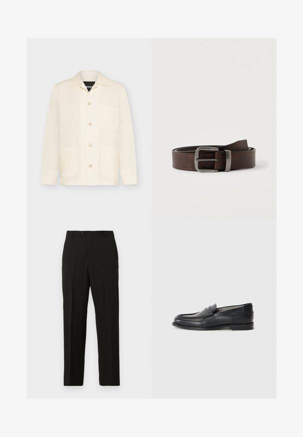 Veste crème à boutons avec un col et trois poches avant, présentée sur un fond clair uni.; Pantalons taillés noirs en tissu lisse, avec une coupe droite, une fermeture à bouton et des plis sur le devant pour plus de structure.; Mocassins en cuir noir avec une finition lisse, un bout rond, une sangle décorative et un design minimaliste. Présentent un petit talon carré.; Ceinture en cuir marron foncé avec une boucle rectangulaire en argent, enroulée et placée sur un fond clair et neutre.