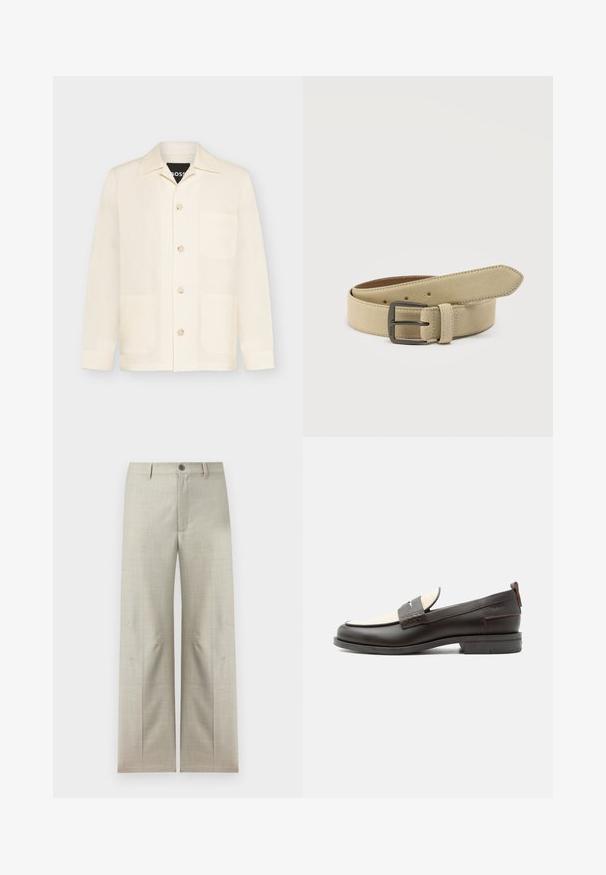Veste crème à boutons avec un col et trois poches avant, présentée sur un fond clair uni.; Pantalon formel beige clair à jambes droites, fermeture avec bouton et fermeture éclair, passants pour ceinture, présenté sur un fond blanc.; Mocassin homme en cuir marron foncé avec panneau en tissu écru et détail classique de bride cousue, semelle plate et languette au talon.; Ceinture en daim beige avec une boucle rectangulaire en métal sombre, plusieurs trous d'ajustement et une boucle cousue sur fond blanc.
