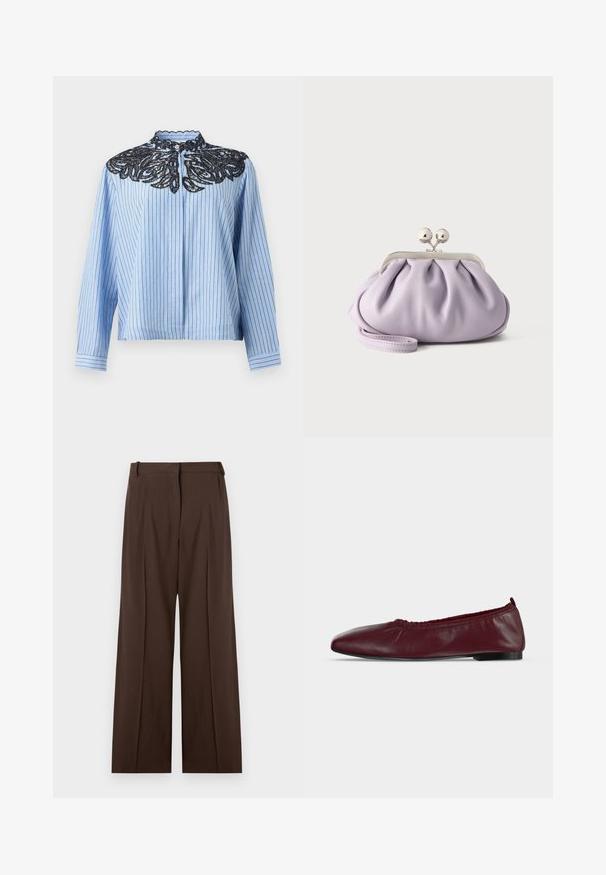 Blue and white vertical striped long-sleeve blouse with black lace floral embroidery around the collar and button closure at the neck.; Dark brown high-waisted trousers with wide legs, front pleats, belt loops, and a concealed front zipper.; Burgundy leather ballet flat with gathered elastic top edge and thin black sole on a white background.; Soft lavender clutch purse with gathered fabric, silver kiss-lock clasp, and matching wrist strap on a plain light background.