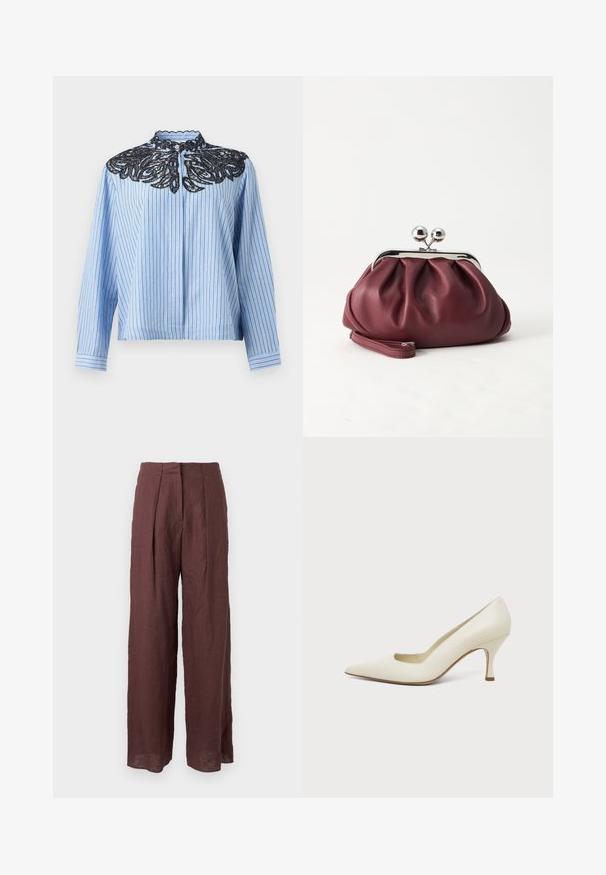 Blue and white vertical striped long-sleeve blouse with black lace floral embroidery around the collar and button closure at the neck.; Dark brown high-waisted wide-leg pants with front pleats and a structured waist, made from lightweight fabric.; Cream-colored leather pointed-toe high heel shoe with a slim mid-height heel on a plain light background.; Small burgundy leather clutch purse with silver metal clasp and wrist strap on a white background.