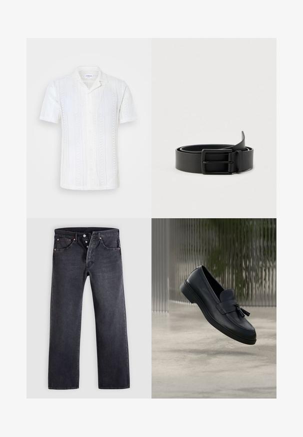 Hvid kortærmet skjorte lavet af tekstureret strikket stof. Har en camp-krave, knaplukning og lodrette striber.; Sorte denimjeans med lige snit, fem-lommer design og kobberknapdetaljer. Glat tekstur med let falmet finish.; Sorte læderloafers med en glat tekstur, en rundet tå og dekorative kvaster foran. Fleksibel gummisål med lav hæl.; Sort læderbælte med en glat tekstur og en rektangulær metalspænde, der har et enkelt design uden synlige mønstre eller accenter.