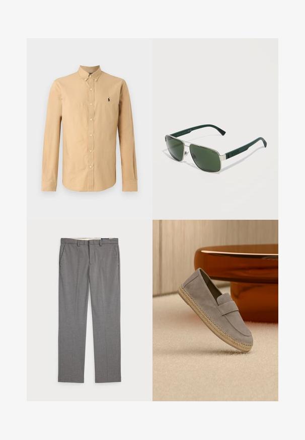 Pitkähihaista napittavaa paitaa vaaleanbeigeä puuvillaa. Varustettu teräväkauluksella ja pienen mustan logon kanssa vasemmassa rinnassa. Sujuva pinta.; Polo Ralph Lauren MANHASSET STRETCH STRAIGHT FIT PANT - Housut - light grey heather; Vaaleanharmaa mokkakenkä, jossa on punottu juuttipohja, esillä nojaamassa beigen värisen maton päällä, taustalla kiiltävä ruskea pöytä.; Suorakaiteen muotoiset, vihreän sävyiset aurinkolasit, joissa on hopeanvärinen metallikehys ja tummanvihreät muoviset sangat, joissa on Polo-brändäys.