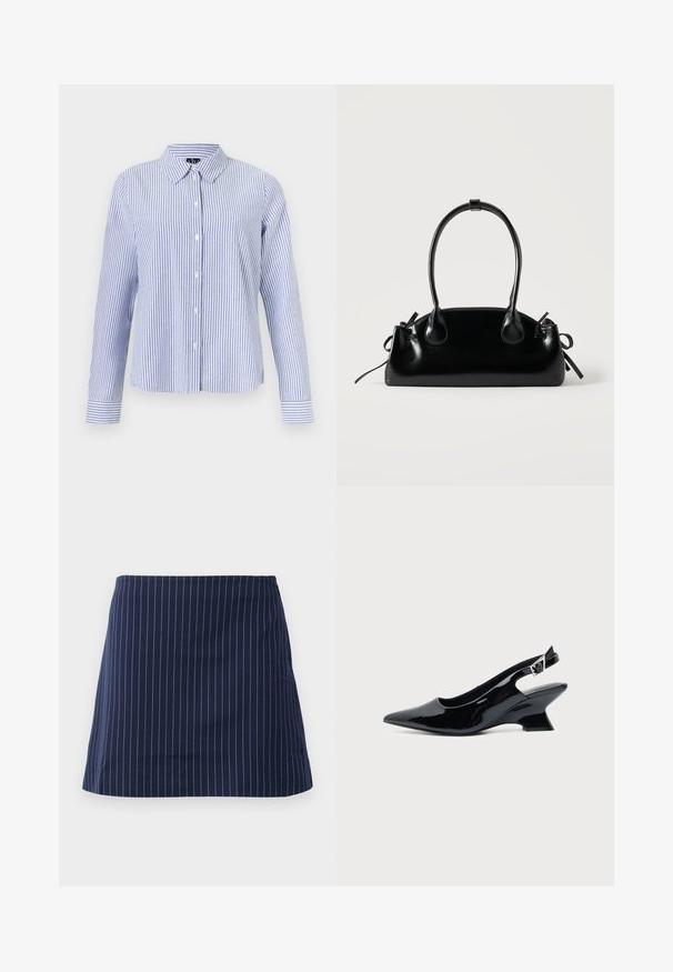 Chemise à manches longues boutonnée, avec des rayures verticales blanches et bleu clair et un col pointu, présentée sur un fond uni.; Jupe bleu marine avec de fines rayures verticales blanches et une coupe droite au-dessus du genou, présentée sur un fond blanc uni.; Chaussure slingback en cuir verni noir avec bout pointu et petit talon bloc incliné sur fond clair uni.; Petit sac à main noir brillant avec deux longues anses et des détails à cordon sur les côtés sur un fond clair uni.