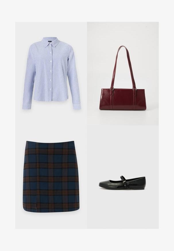 Chemise à manches longues boutonnée, avec des rayures verticales blanches et bleu clair et un col pointu, présentée sur un fond uni.; Jupe mini en tartan bleu marine avec des lignes marron et grises, fabriquée dans un tissu lisse, avec une fente discrète au dos pour plus de liberté de mouvement.; Ballerines en cuir noir avec un bout arrondi, une semelle plate et une fine sangle ajustable sur le cou-de-pied avec une boucle en métal.; Sac à main bordeaux en matériau brillant, de forme rectangulaire, avec deux anses et des accents légèrement courbés à l'avant.
