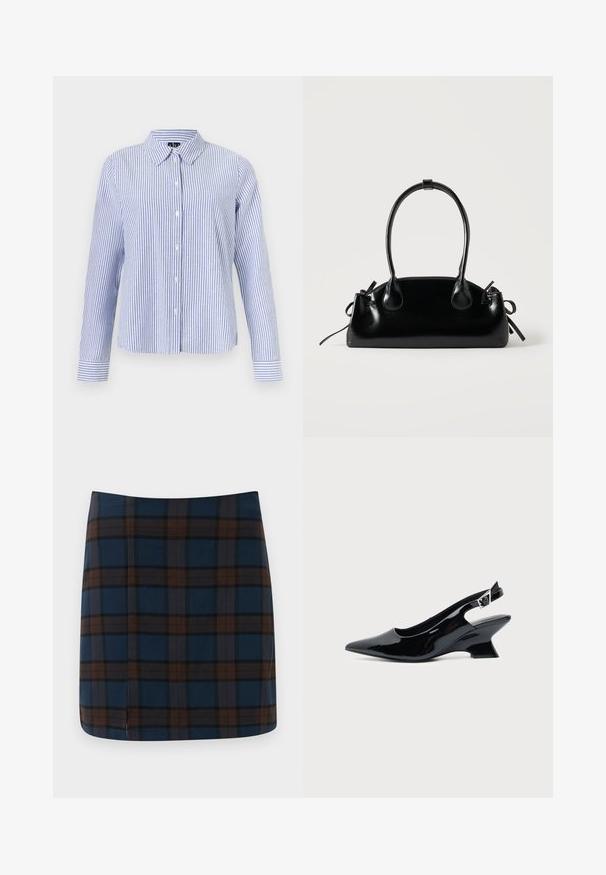 Chemise à manches longues boutonnée, avec des rayures verticales blanches et bleu clair et un col pointu, présentée sur un fond uni.; Jupe mini en tartan bleu marine avec des lignes marron et grises, fabriquée dans un tissu lisse, avec une fente discrète au dos pour plus de liberté de mouvement.; Chaussure slingback en cuir verni noir avec bout pointu et petit talon bloc incliné sur fond clair uni.; Petit sac à main noir brillant avec deux longues anses et des détails à cordon sur les côtés sur un fond clair uni.