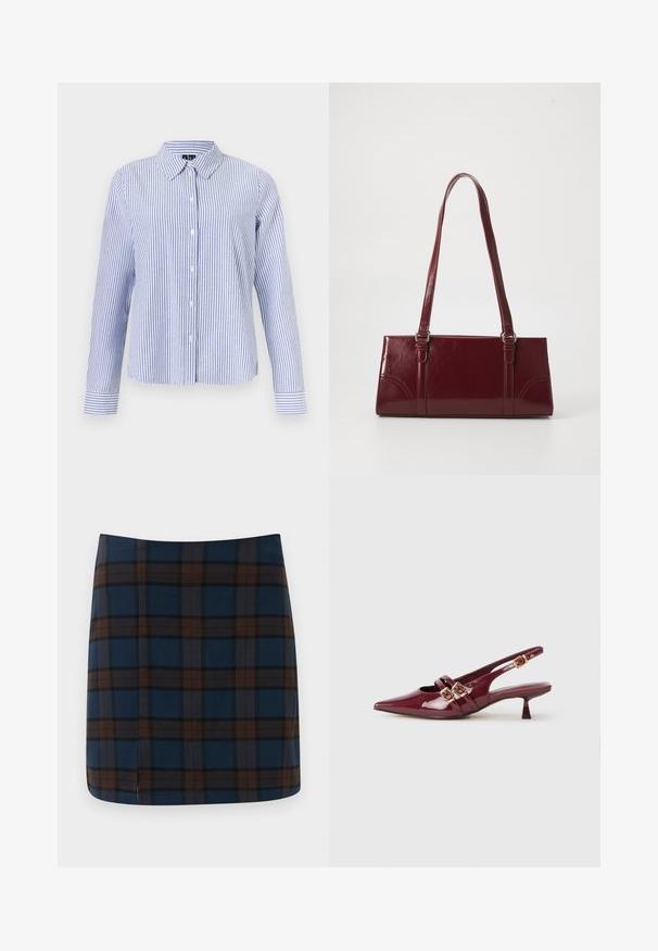 Chemise à manches longues boutonnée, avec des rayures verticales blanches et bleu clair et un col pointu, présentée sur un fond uni.; Jupe mini en tartan bleu marine avec des lignes marron et grises, fabriquée dans un tissu lisse, avec une fente discrète au dos pour plus de liberté de mouvement.; Chaussure slingback en cuir verni bordeaux avec un bout pointu, deux brides plates avec des boucles dorées, et un petit talon.; Sac à main bordeaux en matériau brillant, de forme rectangulaire, avec deux anses et des accents légèrement courbés à l'avant.