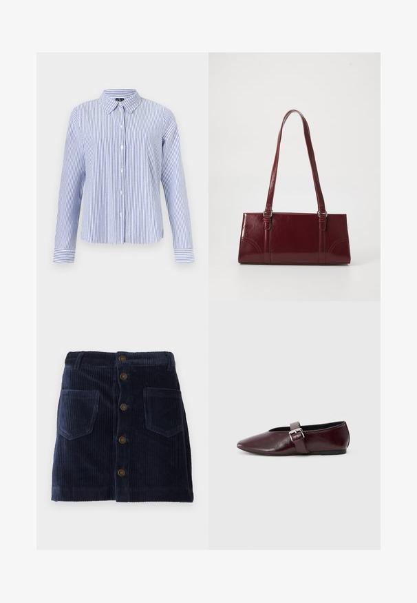 Chemise à manches longues boutonnée, avec des rayures verticales blanches et bleu clair et un col pointu, présentée sur un fond uni.; Jupe en velours côtelé bleu marine avec fermeture à boutons sur le devant et deux poches plaquées, présentant une texture côtelée verticale.; Ballerines en cuir bordeaux avec un bout pointu, une semelle plate et une sangle décorative avec boucle sur le cou-de-pied. Texture lisse et brillante.; Sac à main bordeaux en matériau brillant, de forme rectangulaire, avec deux anses et des accents légèrement courbés à l'avant.