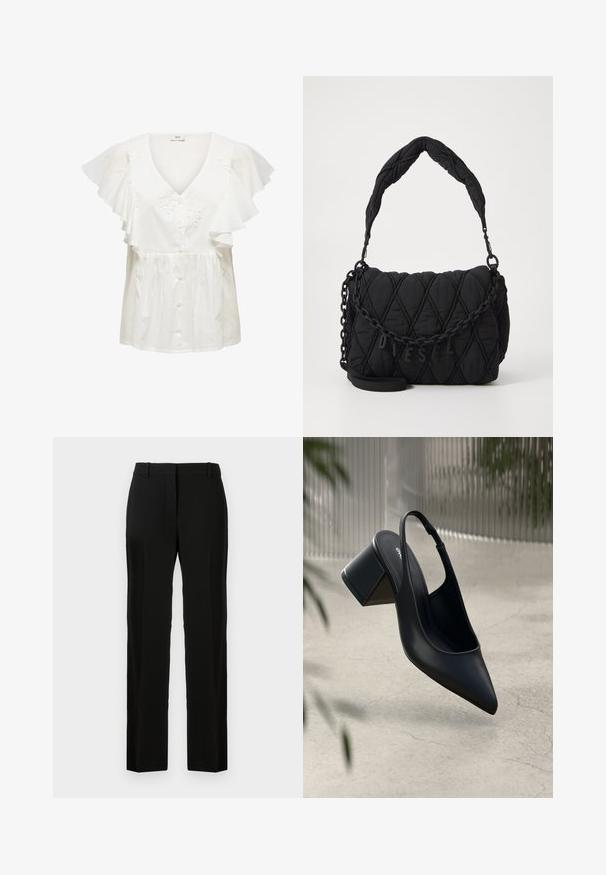 Blouse blanche à manches courtes à volants, col en V profond, fermeture à boutons sur le devant et broderie florale sur le corsage. Tissu léger.; Pantalon noir au design droit, fabriqué en tissu lisse, avec une taille plate, des passants de ceinture, et sans motifs ni accents visibles.; Escarpin noir en cuir avec un bout pointu et un talon bloc. Texture lisse, design minimaliste et bride de cheville réglable.; Sac à main noir matelassé avec un design rembourré, une bandoulière en chaîne et un logo embossé. Présente une texture lisse et un motif en diamant.