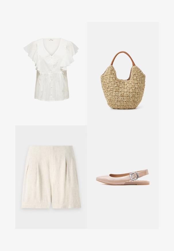 Blouse blanche à manches courtes à volants, col en V profond, fermeture à boutons sur le devant et broderie florale sur le corsage. Tissu léger.; Shorts en lin beige clair avec un design ajusté, présentant des plis et une coupe droite et épurée. Texture lisse, sans matériel ou accents visibles.; Ballerines slingback en cuir verni couleur nude, avec un bout pointu, une boucle argentée réglable et une semelle extérieure en caoutchouc plate. Texture lisse sur toute la surface.; Sac fourre-tout en paille tissée avec une texture naturelle et une forme douce et organique, doté de poignées en cuir brun pour un transport facile.