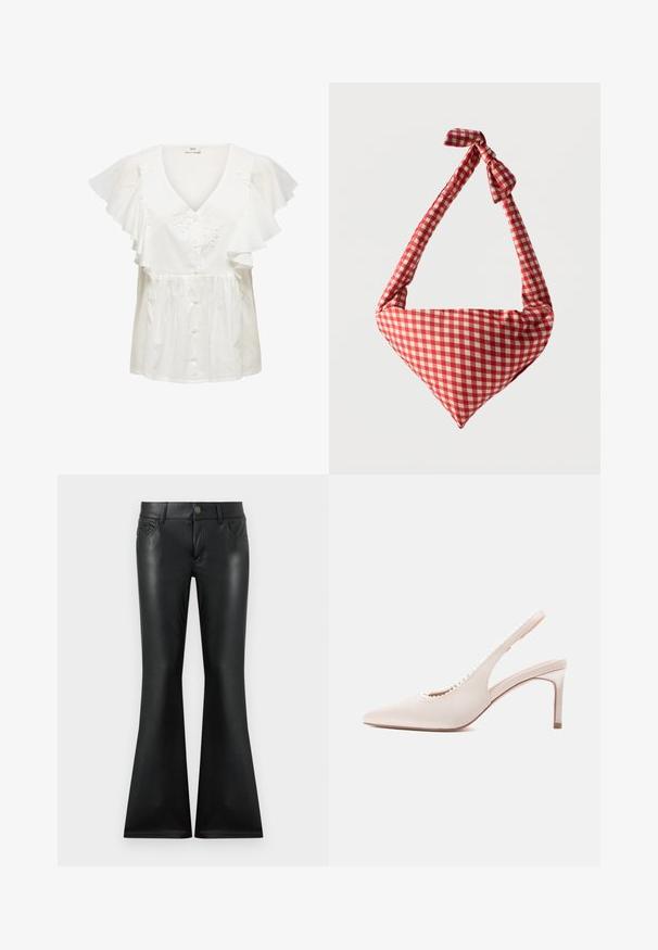 Witte blouse met korte, geplooide mouwen, een diepe V-hals, knoopsluiting aan de voorkant en bloemrijke borduursels op het lijfje. Lichtgewicht stof.; Zwarte uitlopende broek gemaakt van een gladde, glanzende stof. Voorzien van een ontwerp met vijf zakken, een knoopsluiting aan de voorkant en subtiele contrasterende stiksels.; Beige satijnen slingback pumps met hoge hak, puntige neus, een uitgesneden halslijn en decoratieve parelaccenten langs de rand.; Zachte stoffen schoudertas met rood-wit geruit patroon, geknoopte handgreep en driehoekige vorm tegen een effen achtergrond.