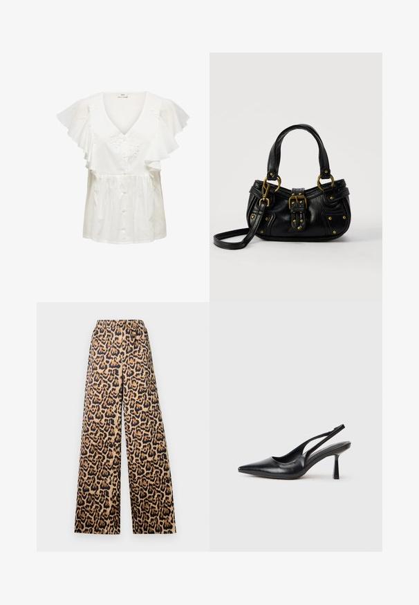 Witte blouse met korte, geplooide mouwen, een diepe V-hals, knoopsluiting aan de voorkant en bloemrijke borduursels op het lijfje. Lichtgewicht stof.; Brede leopardprint broek in beige en zwart, met een elastische tailleband en een soepele textuur.; Zwarte leren slingback hoge hak schoenen met puntige neus en slanke hak op een witte achtergrond.; Zwarte leren handtas met gouden gesp en klinknagel details, korte handvatten en een verstelbare schouderriem op een effen witte achtergrond.