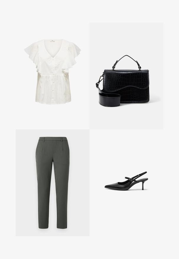 Blouse blanche à manches courtes à volants, col en V profond, fermeture à boutons sur le devant et broderie florale sur le corsage. Tissu léger.; Pantalon vert foncé avec une coupe ajustée, doté de deux poches latérales, d'une braguette zippée et de détails de pli pour un design structuré.; Talons aiguilles noires en cuir avec un bout pointu, une fine bride réglable, et un talon aiguille d'environ 5 cm, texture lisse.; Sac bandoulière en simili cuir noir avec un motif crocodile texturé, une poignée supérieure et une bandoulière ajustable. Caractéristique : fermeture à rabat incurvé.
