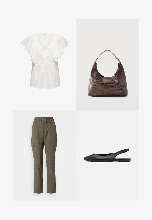 Witte blouse met korte, geplooide mouwen, een diepe V-hals, knoopsluiting aan de voorkant en bloemrijke borduursels op het lijfje. Lichtgewicht stof.; Olijfgroene cargobroek met een ceintuur, rechte benen, twee zijzakken en een gladde stofstructuur.; Zwarte leren slingback schoen met een spitse neus, platte hak en gebogen uitsnijdingen. Glad textuur en minimalistische stijl.; Bruine gevlochten leren schoudertas met een enkele brede riem en een slungelig, halvemaanvormig lichaam.