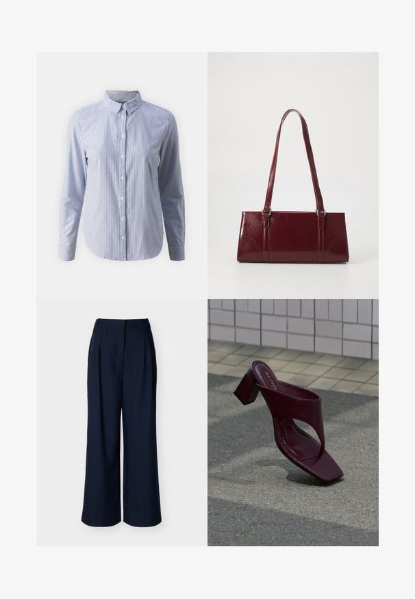 Chemise à boutons en bleu et blanc à rayures verticales ; manches longues, col et une texture en coton lisse avec un ourlet droit.; Pantalon large bleu marine à taille haute avec des plis avant, présenté sur un fond blanc uni.; Sandale à talon haut rouge foncé avec un bout carré et une large bride, positionnée sur un fond de surface carrelée et asphaltée.; Sac à main bordeaux en matériau brillant, de forme rectangulaire, avec deux anses et des accents légèrement courbés à l'avant.