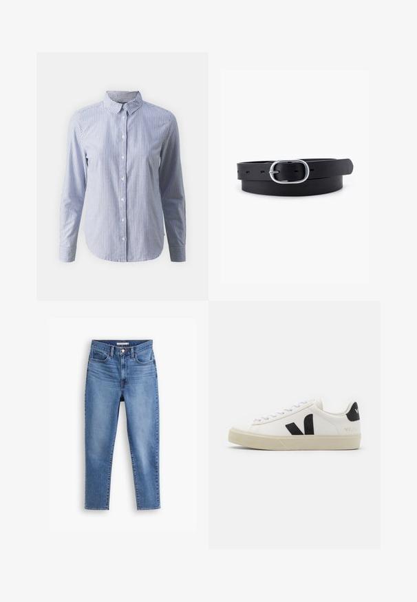 Overhemd met knopen in blauw en witte verticale strepen; lange mouwen, kraag en een gladde katoenen textuur met een rechte zoom.; Blauwe hoge taille damesjeans met een sluiting met een knop en rits aan de voorkant, riemlussen en een vijf-pocket ontwerp, plat op een witte achtergrond.; Witte leren sneaker met zwart rubberen V-logo. Getextureerde off-white zool, witte veters en een achterkant met een detail van de merknaam in het zwart.; Zwarte leren riem met een gladde textuur, ovaal zilveren metalen gespsluiting en meerdere verstelgaten langs de band. Platte, minimalistische uitstraling.
