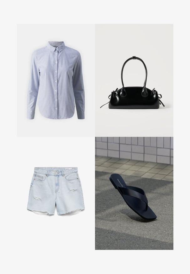 Button-up skjorte i blå og hvide vertikale striber; lange ærmer, krave og en glat bomuldsstruktur med en lige bund.; Lyseblå denimshorts med frynsede kanter og slidte detaljer på forlommerne og lårene, med knap- og lynlåslukning.; Sort tanga-sandal med firkantet tå og mærkenavn på fodseng, placeret opret på tekstureret fortov nær flisebeklædt væg.; Lille sort blank håndtaske med to lange håndtag og snøre-detaljer i siden på en ensfarvet lys baggrund.