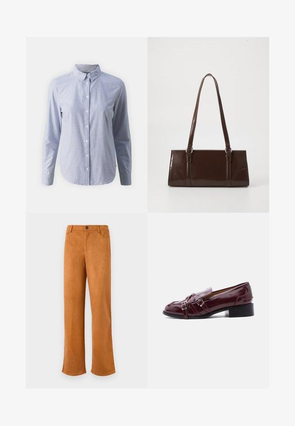 Chemise à boutons en bleu et blanc à rayures verticales ; manches longues, col et une texture en coton lisse avec un ourlet droit.; Pantalons en cuir suédé marron avec une coupe droite, dotés d'une fermeture éclair, d'un bouton de fermeture et de poches avant classiques. Texture douce et couleur unie.; Mocassin en cuir verni bordeaux avec doubles brides argentées à boucle et petit talon noir sur fond blanc.; Sac à main en cuir verni marron de forme rectangulaire, avec deux longues poignées et des accents courbés subtils à l'avant.
