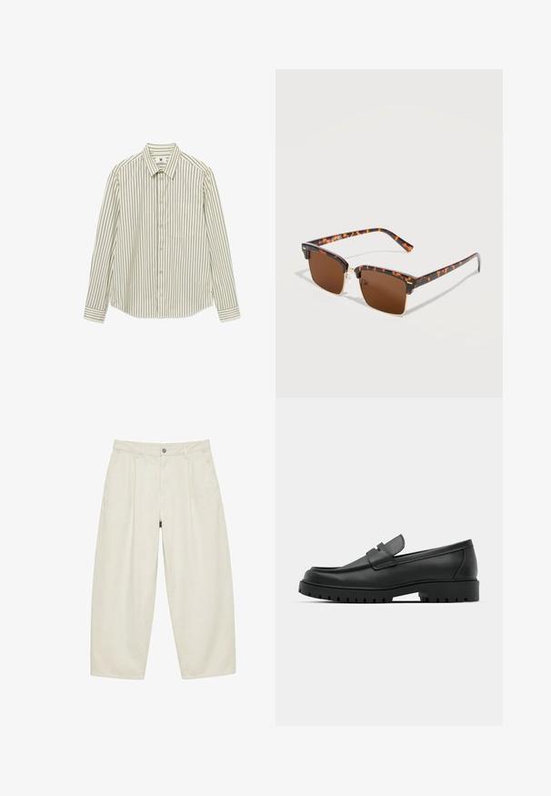 Chemise claire à boutons avec des rayures verticales foncées, une poche poitrine unique et des manches longues. Fabriquée en tissu lisse avec un col.; Pantalon beige taille haute à coupe ample, avec passants de ceinture, bouton à l'avant, fermeture éclair et poches latérales, présenté à plat sur fond blanc.; Mocassins en cuir noir à bout arrondi, avec un design cousu, une semelle plateforme basse et une semelle en caoutchouc texturée et crantée.; Lunettes de soleil carrées écaille de tortue avec verres marron et fines accents en métal doré, présentées sur une surface blanche.