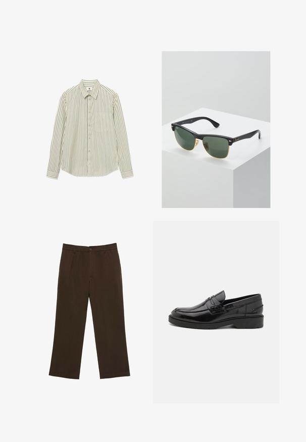 Chemise claire à boutons avec des rayures verticales foncées, une poche poitrine unique et des manches longues. Fabriquée en tissu lisse avec un col.; Pantalon marron à jambe droite avec une taille élastique et un bouton, passants pour ceinture et poches avant sur fond blanc.; Mocassins en cuir noir avec une finition lisse, un bout rond, un petit talon et descoutures décoratives à l'avant. Semelle en caoutchouc pour l'adhérence.; Lunettes de soleil Ray-Ban avec des verres verts, monture en plastique noir et accents dorés sur les bords. Forme carrée avec une finition mate.