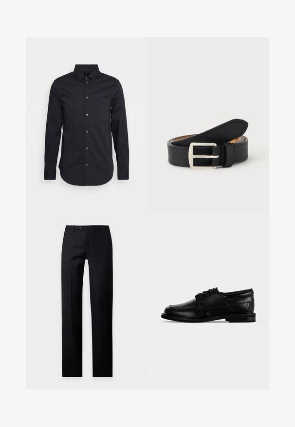 Camisa negra de manga larga y botonadura, confeccionada en una tela suave, con un cuello clásico, mangas de longitud completa y un pequeño logo en el pecho.; Pantalones formales negros con corte recto, trabillas para cinturón, botón delantero y cierre de cremallera sobre un fondo liso y claro.; Zapato de vestir para hombre de cuero negro con cordones, tacón bajo y nombre de la marca en relieve en el lateral, mostrado de perfil sobre fondo blanco.; Cinturón de cuero negro enrollado con hebilla metálica rectangular plateada visible sobre un fondo liso y claro.