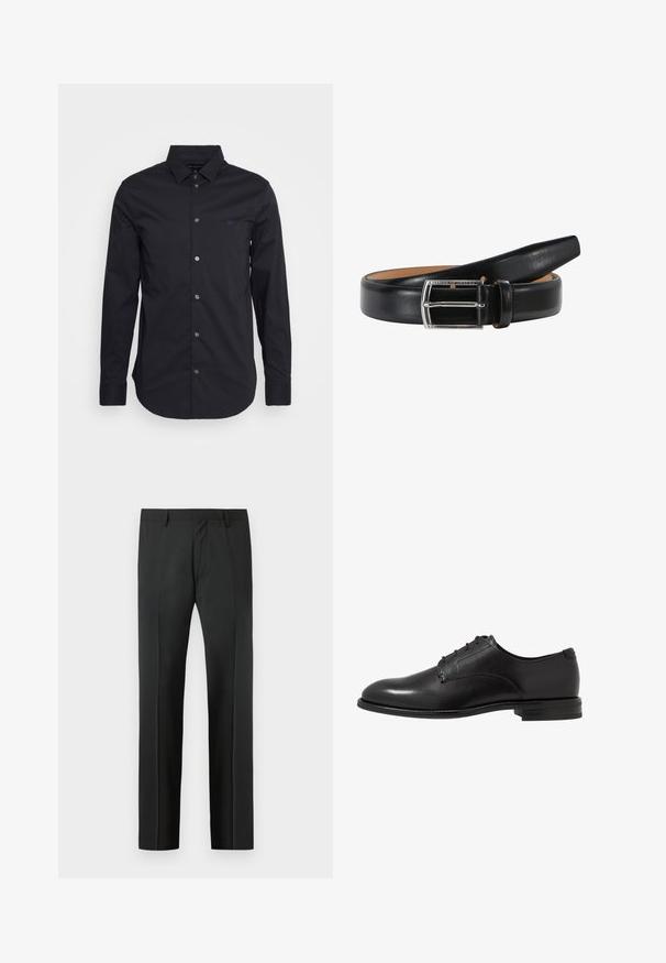 Zwarte lang mouw blouse met knopen, gemaakt van gladde stof, met een klassieke kraag, lange mouwen en een klein logo op de borst.; Zwarte, op maat gemaakte broek met riemlussen en een voorplooi, afgebeeld tegen een lichtgrijze achtergrond.; Zwarte leren dresschoen met een gladde afwerking, ronde neus, zes oogjes en een lage gestapelde hak. Eenvoudig, klassiek ontwerp.; Zwarte leren riem met een gladde textuur, voorzien van een zilveren rechthoekige gesp en een lichtbruine binnenvoering. De uiteinden zijn taps toelopend voor een slanke uitstraling.