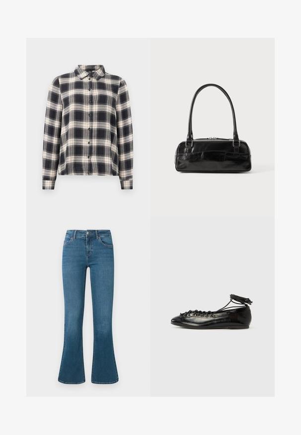 Langarmkariertes Hemd in Marineblau, Weiß und Beige. Mit einem Standardkragen, Knopfleiste und weichem Stoff mit Karomuster.; Blaue Jeans im Schlagstil aus Denim mit einer mittelhohen Taille, Fünf-Taschen-Design und subtilen Stickdetails. Glatte Textur mit klassischer Waschung.; Schwarze Ballerinas aus Lackleder mit runder Spitze, Schnürdesign und flacher Sohle. Glatte Textur mit minimaler Verzierung.; Schwarze Lederhandtasche in rechteckiger Form, mit einem stabilen Griff, silbernem Zubehör und Reißverschluss. Glatte Textur.