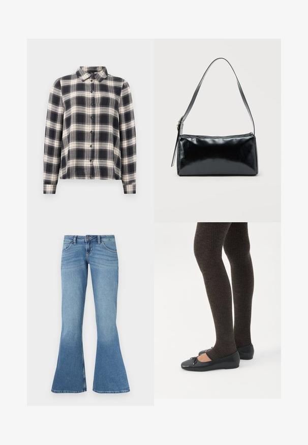 Langærmet ternet skjorte i navy, hvid og beige. Har standard krave, knaplukning fortil og blødt stof med ternet mønster.; Blå denim flared jeans med høj talje, der har fem lommer, kontrastsyninger og en let farvegradient mod kanten.; Ben iført mørke ribbede leggings kombineret med sorte balletsko med små sløjfedetaljer på hvid baggrund.; Sort rektangulær skuldertaske med en enkelt justerbar rem og lynlås i toppen på en ensfarvet baggrund.
