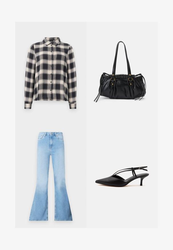 Langarmkariertes Hemd in Marineblau, Weiß und Beige. Mit einem Standardkragen, Knopfleiste und weichem Stoff mit Karomuster.; Hellblaue Bootcut-Jeans aus Denim mit hoher Taille, die vordere Taschen und eine ausgebleichte Textur am unteren Beinbereich aufweisen.; Schwarzer Leder-Kitten-Heel mit spitzer Schuhspitze, dünnem Knöchelriemen und Schnalle, Slingback-Design, auf hellem einfarbigem Hintergrund.; Schwarze Lederhandtasche mit runder Form, doppelten Griffen, dekorativen Hardware-Details und seitlichen Bindebändern. Glatte, glänzende Textur.