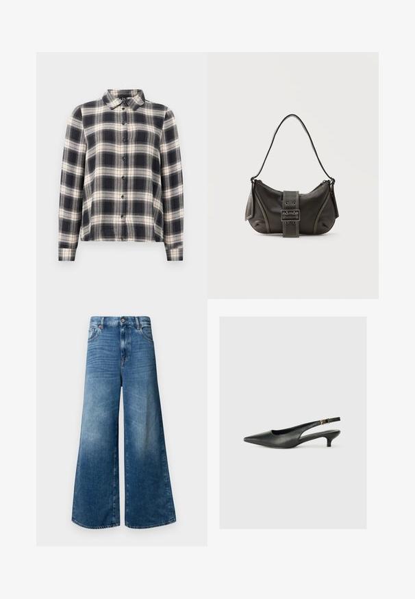 Langwerpig overhemd met lange mouwen in marineblauw, wit en beige. Bevat een schouderkraag, knoopsluiting aan de voorkant en een zachte stof met een geruit patroon.; Wijd-uitlopende denim jeans in medium blauw, met een klassiek ontwerp met vijf pockets, knoopsluiting en lichte vervaging voor extra textuur.; Zwarte puntschoen met slingback van soepel leer. Kenmerkt zich door een dunne hak en een gespdetail op de verstelbare band.; Zwarte leren schoudertas met gespsluiting aan de riem, afgeronde hoeken en contrasterende witte stiksels op een effen achtergrond.