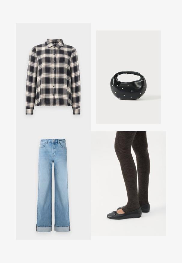 Langærmet ternet skjorte i navy, hvid og beige. Har standard krave, knaplukning fortil og blødt stof med ternet mønster.; Lyseblå, vide jeans i klassisk denim med høj talje, prydet med opbrettede kanter og synlig søm.; Ben iført mørke ribbede leggings kombineret med sorte balletsko med små sløjfedetaljer på hvid baggrund.; Sort læderhåndtaske med en rundet form, dekoreret med sølvnitter, og et kort håndtag. Glat tekstur og lynlåslukning.