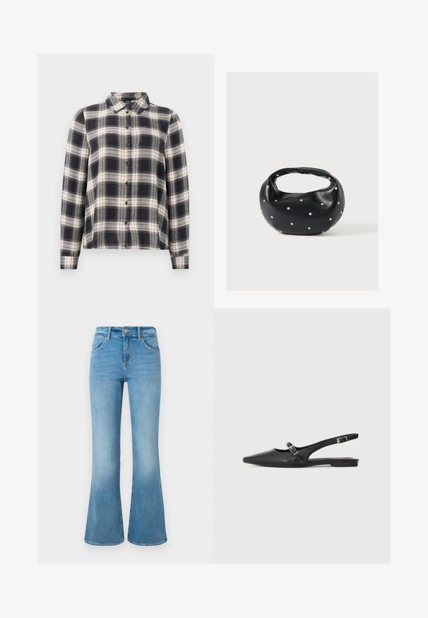 Langærmet ternet skjorte i navy, hvid og beige. Har standard krave, knaplukning fortil og blødt stof med ternet mønster.; Lyseblå denim flare jeans med forlommer, bæltestropper og knaplukning mod en hvid baggrund.; Sorte læder slingback-sko med spids tå, med en smal rem og en sølvspænde-detalje på siden. Flad sål.; Sort læderhåndtaske med en rundet form, dekoreret med sølvnitter, og et kort håndtag. Glat tekstur og lynlåslukning.