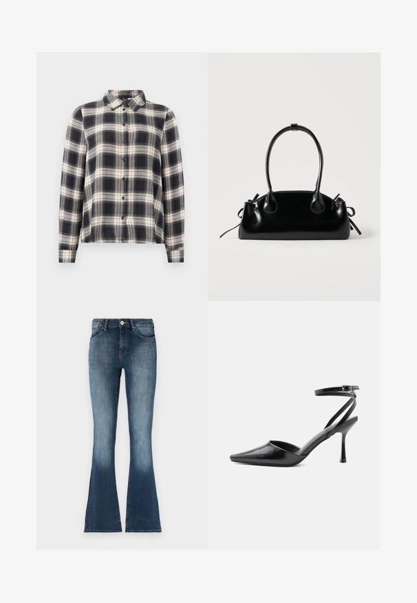 Camisa de cuadros de manga larga en azul marino, blanco y beige. Presenta un cuello estándar, cierre frontal con botones y una tela suave con un patrón de cuadros.; Jeans de mezclilla azul acampanados con una cintura a media altura, acabado desgastado y diseño tradicional de cinco bolsillos. Textura suave y detalles de costura sutiles.; Zapato de tacón alto negro de punta fina con delgadas correas en el tobillo y cierre de hebilla plateada sobre un fondo liso claro.; Pequeño bolso negro brillante con dos asas largas y detalles de cordón lateral sobre un fondo claro liso.