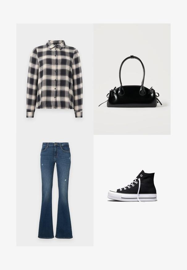 Langærmet ternet skjorte i navy, hvid og beige. Har standard krave, knaplukning fortil og blødt stof med ternet mønster.; Flared jeans i mørkeblå denim med slidte områder. Har fem lommer og lynlås foran. Mellemvægtigt stof med en glat tekstur.; Sort high-top canvas sneaker med hvid gummisål og hvide snørebånd, vist fra siden mod en hvid baggrund.; Lille sort blank håndtaske med to lange håndtag og snøre-detaljer i siden på en ensfarvet lys baggrund.
