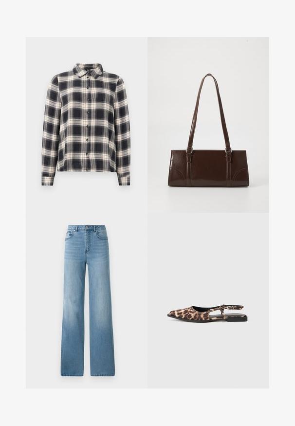 Langærmet ternet skjorte i navy, hvid og beige. Har standard krave, knaplukning fortil og blødt stof med ternet mønster.; Lyseblå højtaljede jeans med lige ben. Fremstillet af denim, med fem lommer og knaplukning.; Sandal med leopardprint i flad slingback-stil, spids tå, åben side og lille sort hæl. Materialet virker glat med en let glans.; Brun lakeret håndtaske med rektangulær form, to lange håndtag og subtile buede detaljer på fronten.