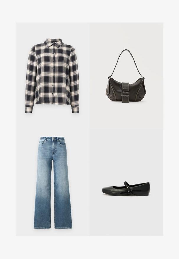 Langærmet ternet skjorte i navy, hvid og beige. Har standard krave, knaplukning fortil og blødt stof med ternet mønster.; Vide ben jeans i lys blå vask, med høj talje, fem-lomme design og subtil falmen på stoffet. Klassisk metalknap lukning.; Sorte læder balletflade med rund tå, flad sål og en tynd justerbar rem over svangen med en metalspænde.; Sort læder skuldertaske med spænde på remmen, afrundede kanter og kontrasterende hvide syninger på en ensfarvet baggrund.