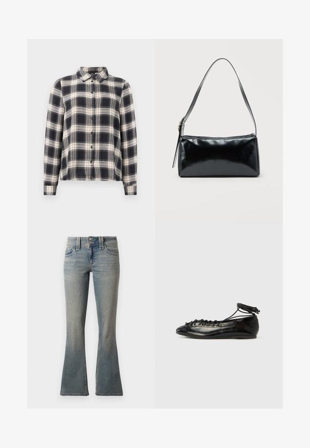 Camisa de cuadros de manga larga en azul marino, blanco y beige. Presenta un cuello estándar, cierre frontal con botones y una tela suave con un patrón de cuadros.; Vaqueros acampanados de color azul claro hechos de denim. Cuenta con dos bolsillos frontales, un cierre de botón y un sutil desvanecimiento en la tela.; Zapatos planos tipo ballet de charol negro con punta redondeada, diseño con cordones y suela plana. Textura lisa con detalles mínimos.; Bolso de hombro rectangular negro con una correa ajustable y un cierre de cremallera superior sobre un fondo liso.